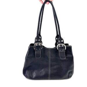Y2K Tignanello Shoulder Bag Black Leather Buckle Double Handle Pebble